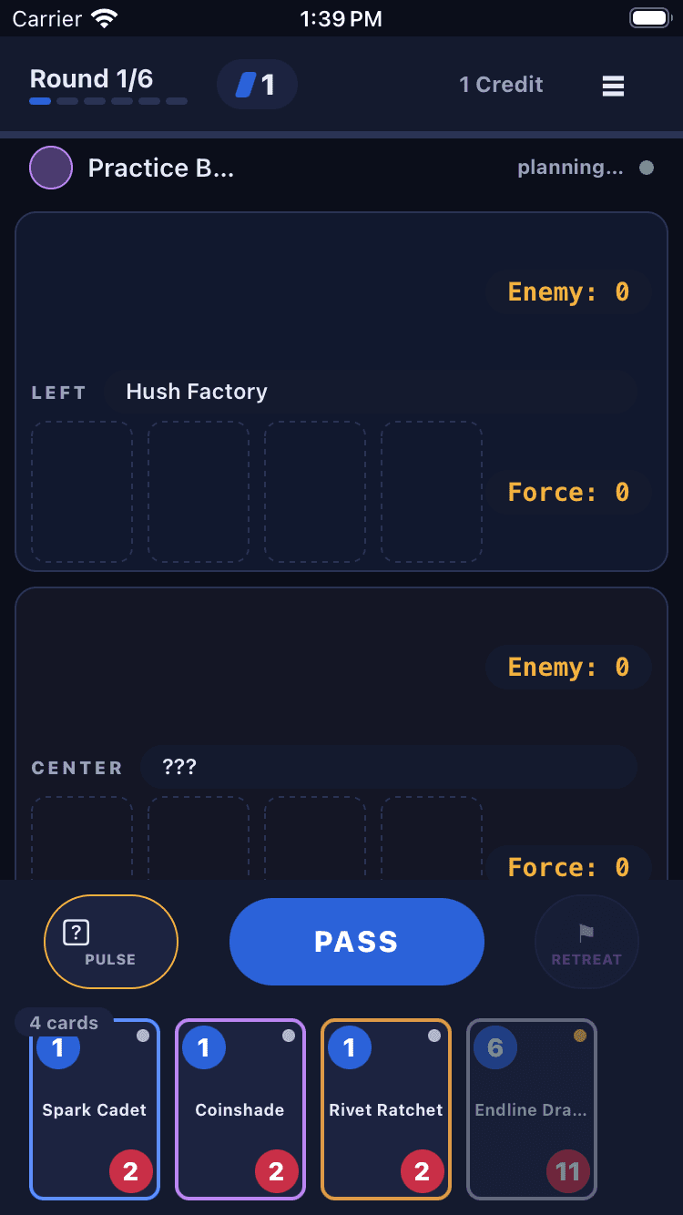 A Pulsewar match in progress: three sector strips with cards committed across them